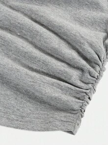 SHEIN 青少年女孩秋冬街头时尚休闲蝴蝶结印花拼色长插肩袖 T 恤，修身褶皱弧形下摆短款 T 恤 - 灰色 - 查看 5