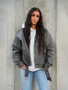 SAYEHFBABY Áo khoác xe máy cổ điển ve áo bằng da PU giặt - Màu xám đen - Xem 1