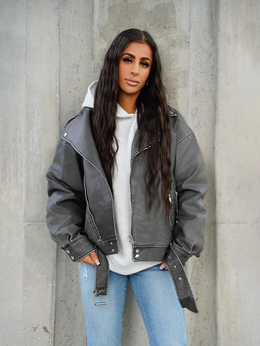 SAYEHFBABY Áo khoác xe máy cổ điển ve áo bằng da PU giặt - Màu xám đen - Xem 1