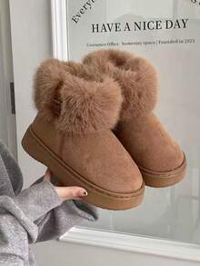 Zapatillas de algodón cómodas y antideslizantes con suela de 4 cm, otoño e invierno 2025, nuevas zapatillas de piel cálidas con suela gruesa para mujer - Beis - Ver 4