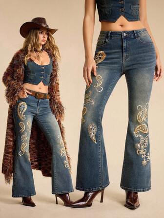 EDITION Damen Retro Hippie Paisley Pailletten bestickte Skinny Schlagjeans mit niedriger Taille