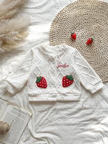 Vintaside Kids Baby Girls' Jacket With Embroidered Letter & Strawberry Pattern, Textured Fabric, Comfortable & Soft, Countryside Style, Fashion & Versatile, Elegant For Outings, Suitable For Spring, Autumn & Transitional Seasons - White - View 4