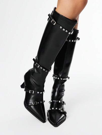 Grunge Punk 2025 Spring/Autumn New Arrival Women's PU Black Rivet Pointed Toe Stiletto Heel Riding Boots, Sexy Elegant High Heel Long Boots