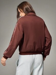 Hanevo Women's Bow Embroidered Long Sleeve Zip Front Casual Jacket - Coffee Brown - View 2