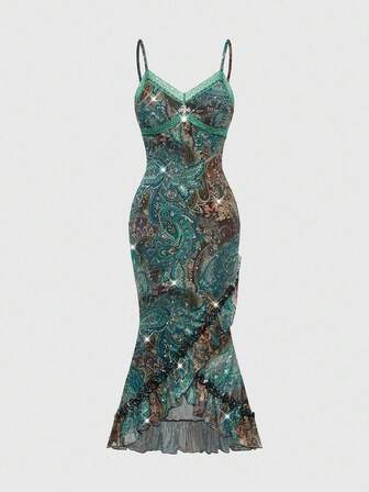 Hippie Women's Elegant Vintage Paisley Print Rhinestone Ruffle Hem Sleeveless Dress