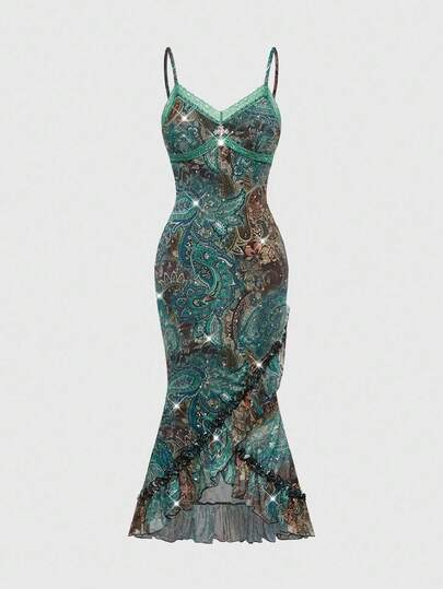 Hippie فستان أنيق للنساء بطبعة البيزلي الفاخرة والكشكشة على الحافة والأكمام بدون أكمام