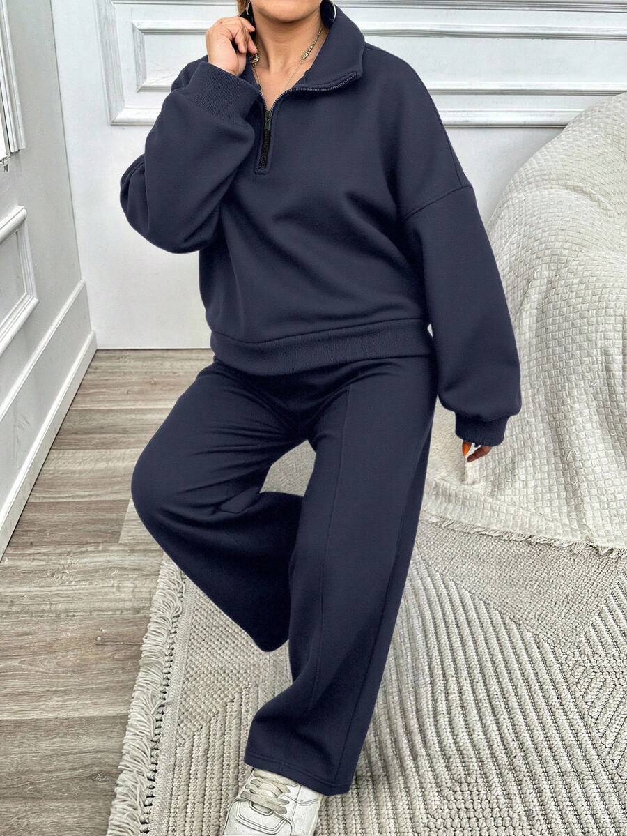 EURMUSE 100% reine Baumwolle dicker Half-Zip Sweatshirt mit Drop-Shoulder und Jogginghose Große Größen Set - Blau - Übersicht 1