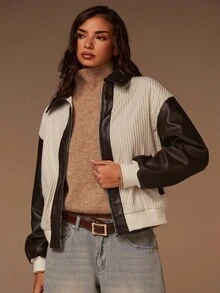 Athîral Women's Color-Blocked, Drop-Shoulder, Long-Sleeved Zip-Up Casual Jacket, PU Paneling, Suitable For Everyday Wear, Women's Autumn Clothing, Women's Autumn Outfits, Women's Autumn Clothing, Casual And Comfortable, Long-Sleeved, Stylish And Unique Item, Perfect For Autumn Outings, Autumn/Winter Style. - Camel - View 2