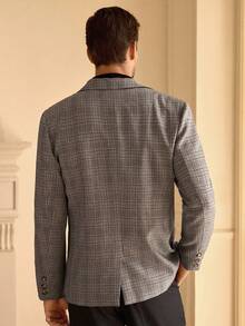 HIMLAND 男士休闲格子中式领西装外套，适合秋冬 - 棕色 - 查看 4