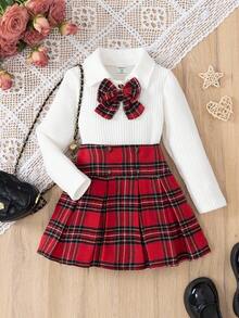 2pcs/Set Girls Toddler European & American Style Bow Decor Polo Collar Long Sleeve T-Shirt + Plaid Skirt, Spring/Autumn