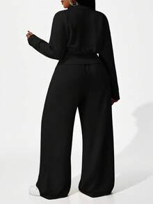 Slaydiva Ensemble décontracté femme grande taille, couleur unie, veste à capuche zippée à manches longues et pantalon, automne/hiver - Noir - Voir 4