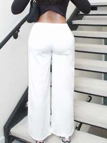 Alexandranx Bequeme und lässige schlichte gestrickte Damenhosen mit weitem Bein und niedriger Taille