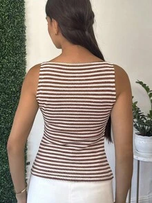 Andrea Bello 女士正面纽扣无袖条纹简约休闲衬衫，日常穿着