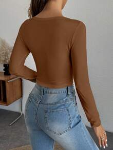 Shutterstock Glamance Women's Square Neck Long Sleeve Fitted Knit T-Shirt, Autumn Women Long Sleeve Tops Brown Tops For Women Coffee Brown Top Brown Long Sleeve Top Brown Crop Top - Multicolor - View 2