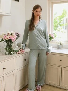 Snug Reverie 女士针织提花拼接撞色蝴蝶结装饰翻领上衣和裤子睡衣套装 鼠尾草绿睡衣套装 秋冬服装 - 綠色 - 查看 6