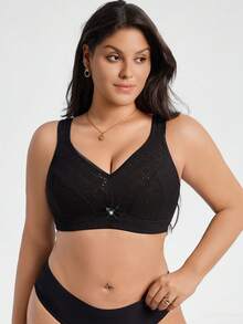 1 pieza Sujetador inalámbrico de talla grande para mujer, suave y transpirable, de unicolor, con elevación - Negro - Ver 3
