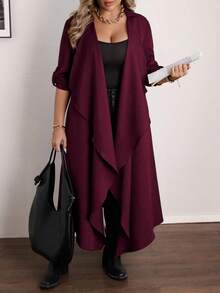 Vionelle Plus Size Casual Waterfall Collar Long Jacket Fall Women Clotheswomen Long Cardiganlong Cardigans Ladies Asymmetrical Hem Long Coat Asymmetrical Jacket Plus Size Burgundy Asymmetrical Long Jacket Women Long Cardigan - Red Violet - View 3