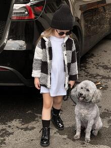 小女童格紋印花連帽絨毛外套無套頭衫