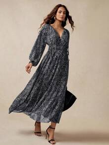 Florisole 女式波西米亚复古佩斯利印花宽松 A 字优雅灯笼袖设计系带装饰连衣裙，春秋 - 深灰色 - 查看 5