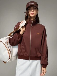 Hanevo Women's Bow Embroidered Long Sleeve Zip Front Casual Jacket - Coffee Brown - View 6