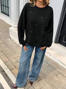 Chiquease Women's Studded & Rhinestone Embellished Sweatshirt, Basic Style For Autumn/Winter - Black - View 4