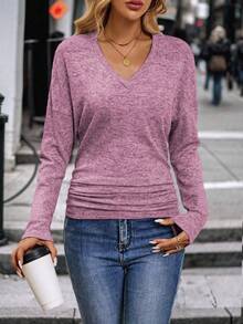 SHEIN LUNE Women's Solid Color V-Neck Long Sleeve Pleated Casual T-Shirt - Pink - View 3