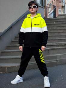 SHEIN 2pcs/Set Teens Boys Loose Letter Graphic Hoodie And Sweatpants Tracksuit, Suitable For Spring, Summer, Autumn, Winter, Back To School Outfit