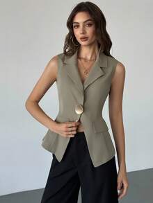 Firerie Women's Minimalist Elegant Daily Casual Urban Commute Office Wear Gray-Green Sleeveless Lapel Metal Button Fitted Blazer, Women's Blazer, Autumn/Winter Wear, Formal Occasion Wear - Green - View 3