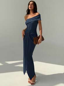 Aloruh Elegant Off Shoulder Twist Waist Decor Slim Fit High Slit Dress - Navy Blue - View 5
