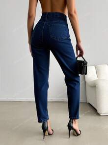 RueChic Women's Pockets Distressed Straight Leg Loose Casual Versatile Jeans - Dark Wash - View 2