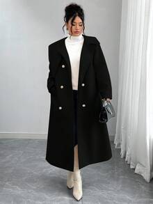 Elenzga Plus Size Women's Solid Color Tie Waist Double-Breasted Long Sleeve Elegant High-Quality Romantic Long Woolen Coat Long Coat Women Coats Winter Coat Women Coat Outerwear Women Trench Coat Women