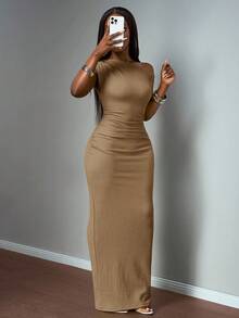 Slaydiva 2025 Winter New Styles Christmas New Year Birthday Party Banquet Preppy Style Student Wear Everyday Outing Basic Versatile Casual Cruise Travel Influencer Hot Style Street Style Elegant Commuter Business Casual Sexy One Shoulder Off-The-Shoulder Fitted Hip Gathered Waist Textured Striped Fabric Brownk Dress Winter Long Dress Christmas Dress New Year Dress Women's Dress - Khaki - View 6