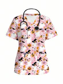 TaskEZ Casual Halloween Cartoon Print Scrub Uniform Top - Multicolor - View 3