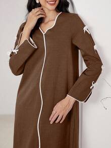 Yasmyna 女士优雅浪漫蝴蝶结撞色条纹派对连衣裙，休闲 A 字型阿拉伯连衣裙，适合日常休闲 - 棕色 - 查看 4