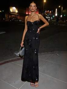 SHEIN BAE Váy dự tiệc cocktail dài thanh lịch thêu kim sa, dây mảnh, viền đuôi cá dành cho nữ, váy dự tiệc ngắn màu đen, thích hợp cho các bữa tiệc, sự kiện trang trọng, dạ hội, ngày lễ, Halloween, Giáng sinh - màu đen - Xem 8