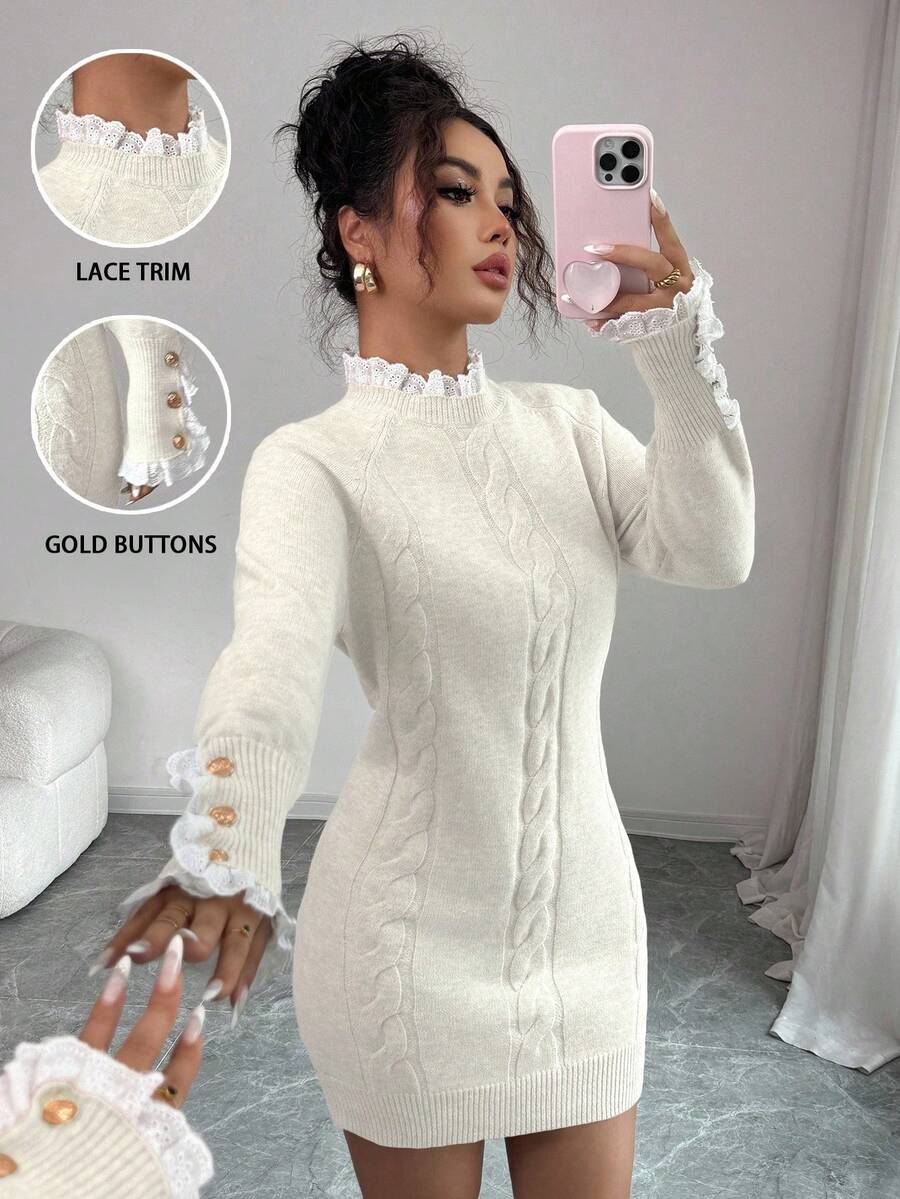 SHEIN Elenzya 秋冬长袖扭绳圆领蕾丝边杏色连衣裙 - 白色 - 查看 1