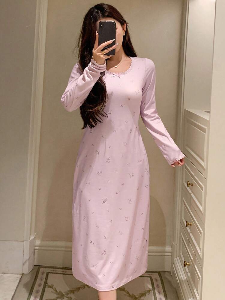 Ditsy Floral Cinched Waist Mid-Length Women's Nightgown Pajama, Winter