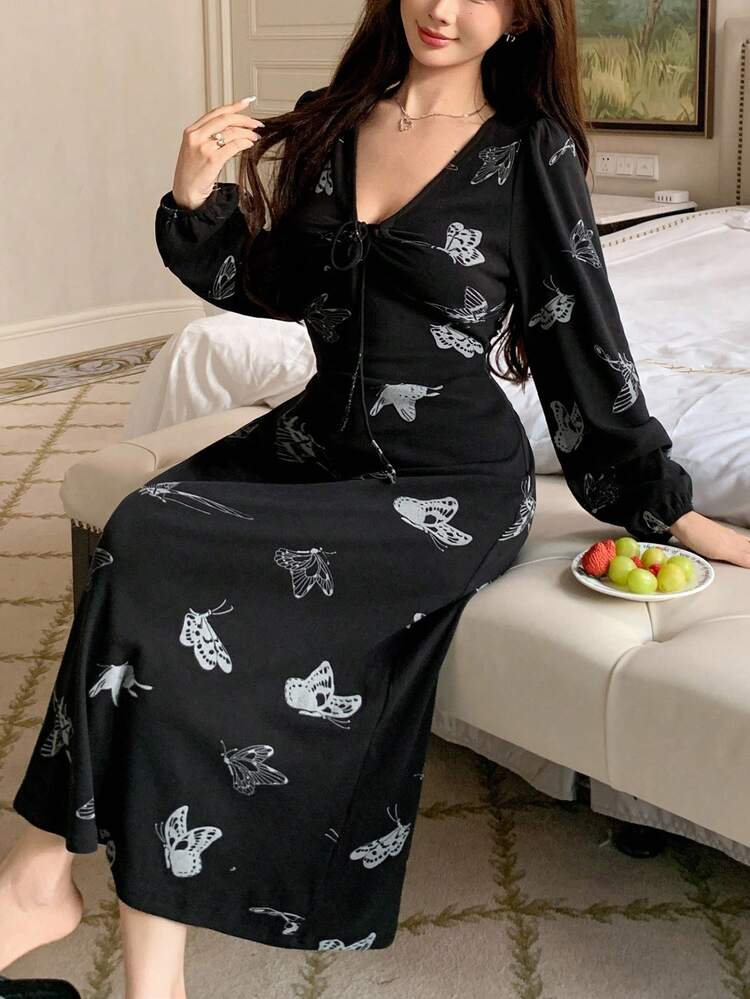Elegant Butterfly Pattern Waist-Cinched Long Women Nightgown Pajama, Winter