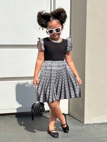 年轻女孩经典花卉印花盖袖连衣裙，优雅时尚休闲户外礼品装，春夏季 - 黑與白 - 查看 8