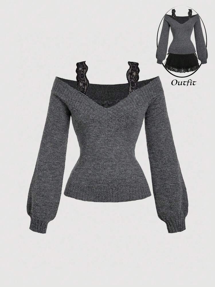 SHEIN MOD Women's Black Lace 2 In 1 Grey Sweater In Fall/Winter - Dark Grey - View 1