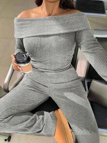 SHEIN EZwear Conjunto de 2 piezas de talla grande, informal y para el hogar, minimalista, con hombros descubiertos y acanalado - Gris Claro - Ver 1