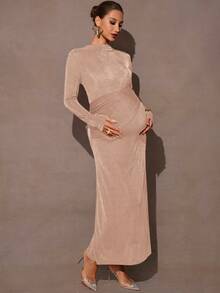 MaterniChic Maternity Gold Autumn Elegant Formal Solid Color Stand Collar Long Sleeve Ruched Fitted Midi Dress,Champagne Beige Nude Dresses For Women - Apricot - View 5