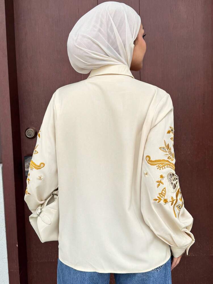 Women's Elegant Embroidered Patchwork Blouse, Autumn Long Sleeve Top Modest Fashion