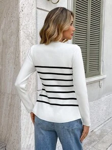 Serisse Áo khoác cardigan dệt kim dài tay kẻ sọc cài một hàng khuy kim loại thời trang thu đông cho nữ - Đen và trắng - Xem 2