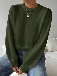 Elyressa Tropiluxe 女式纯色简约休闲圆领长袖白色毛衣 - 軍綠色 - 查看 6