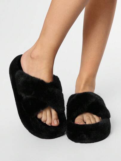 Women's Furry Outdoor Slippers, Platform Wedge Heel, Gothic Style, Warm & Comfortable Loafers, Ladies House Slippers
