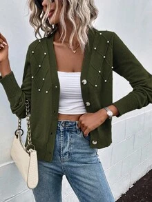 SHEIN LUNE Cárdigan casual de manga larga con adornos de perlas, otoño/invierno - Verde militar - Ver 4