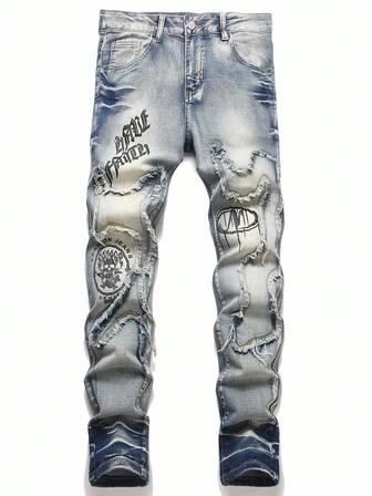 Manfinity Roughcore Herrjeans med bokstavstryck och råa kanter för casual stil