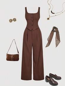 SHEIN MOD Women's Solid Color Minimalist Sleeveless Brown Contrast Trim Jumpsuit,Fall/Winter,Thanksgiving ,Women's Halloween Costume,Vintage,Elegant, Luxury ,New Year,Brown Jumpsuit,Office,Work,Old Money
