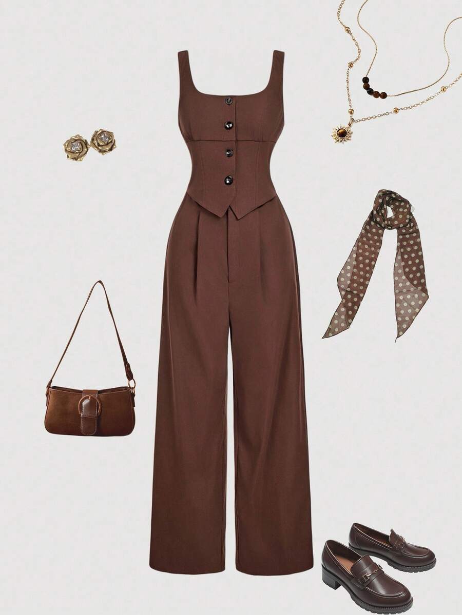 SHEIN MOD Women's Solid Color Minimalist Sleeveless Brown Contrast Trim Jumpsuit,Fall/Winter,Thanksgiving ,Women's Halloween Costume,Vintage,Elegant, Luxury ,New Year,Brown Jumpsuit,Office,Work,Old Money